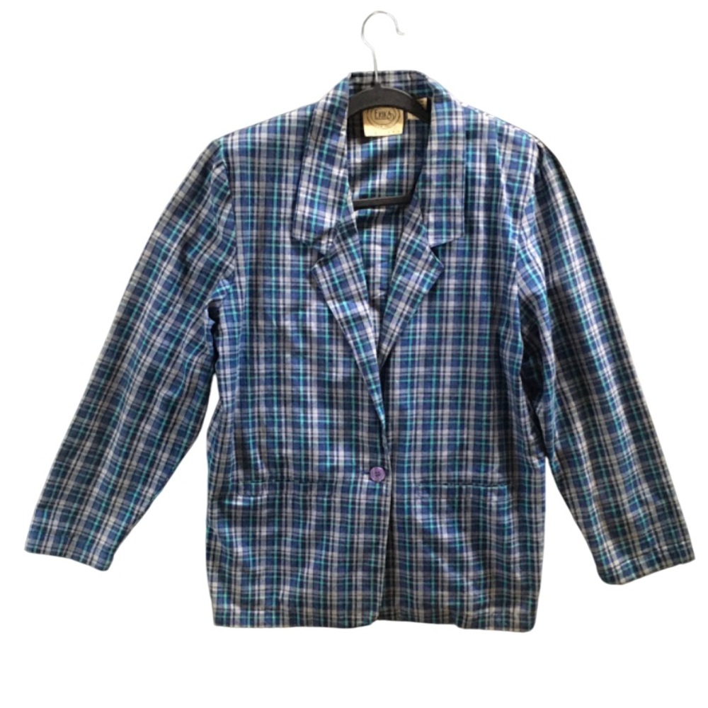 Vintage Plaid Blazer 80s Academia Preppy Jacket Cotton Petites Blue Oversized M